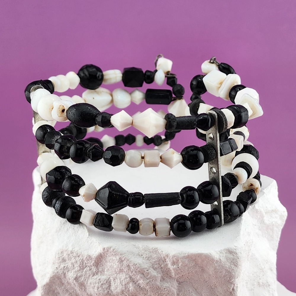 Black White Beaded Multi Strand Cuff Bracelet Silver Tone Gothic Boho Statement